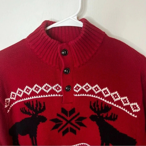 Chaps 1/4 Button High Neck Sweater Pullover Men Medium Red Moose Snowflakes - Picture 3 of 7